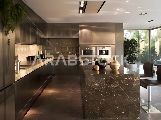 تحف واكسسوارات عصرية، استخدام النباتات المنزلية للزينة، ديكورات داخلية حديثة لمطبخ داخل شقة سكنية في الملكة العربية السعودية، أثاث كلاسيكي فاخر، الاواني المرتبة على الرفوف