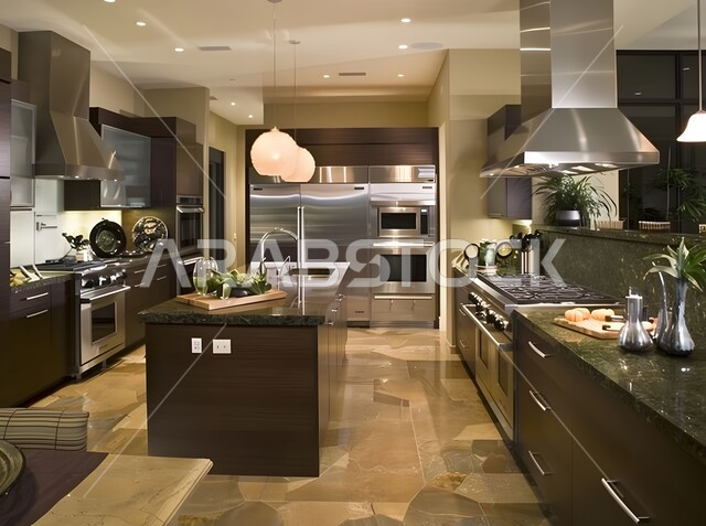 استخدام الفوانيس للانارة، تحف واكسسوارات عصرية، ديكورات داخلية حديثة لمطبخ داخل شقة سكنية في الملكة العربية السعودية، أثاث كلاسيكي فاخر، الاواني المرتبة على الرفوف