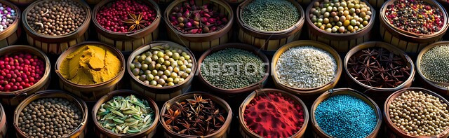 مجموعة متنوعة من التوابل مختلفة الألوان، سلل من القش المليئة بالبهارات، منكهات ذات طعم لذيذ، مهن شعبية تقليدية قديمة، مواد و مستلزمات الطبخ