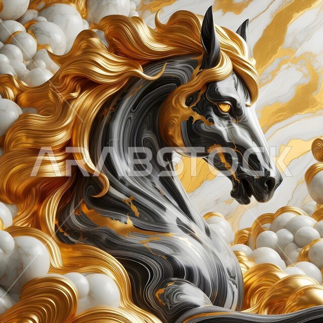 تصاميم فنية وديكورات عصرية, رسوم جدارية ثلاثية الأبعاد لرأس حصان أبيض عربي أصيل, حب وشغف الخيول العربية السعودية, إكسسوارات وزخارف ذهبية راقية, نحت رخامي لرمز الفروسية والشجاعة