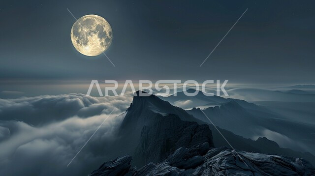 منظر القمر المكتمل وسط السماء، قمم جبلية بين السحب والغيوم القطنية الكثيفة في الليل، صورة موضحة للقمر المكتمل، خلفية طبيعية في الفضاء الخارجي