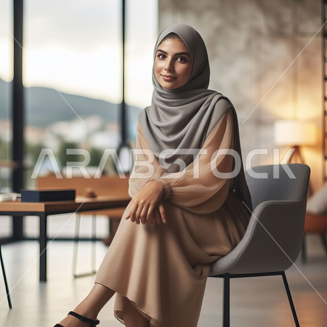 مفهوم الأنوثة والنعومة والاهتمام بالمظهر الخارجي، أزياء وحجابات عصريه حديثه, امرأة عربية خليجية سعودية محجبة جالسة تنظر إلى الكاميرا بإيماءات الثقة بالنفس، العمل في المجال المكتبي، مهن ووظائف نسائية في المملكة