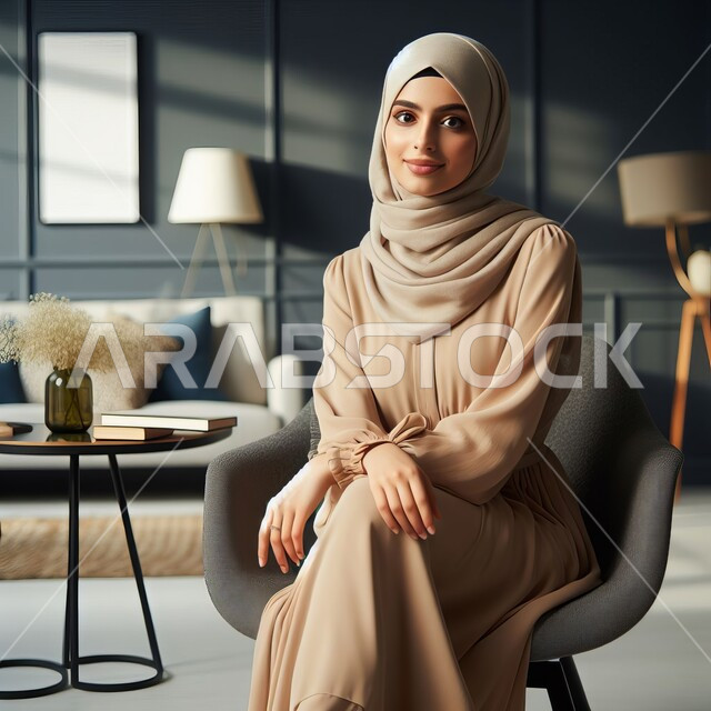 مفهوم الأنوثة والنعومة والاهتمام بالمظهر الخارجي، أزياء وحجابات عصريه حديثه, امرأة عربية خليجية سعودية محجبة جالسة تنظر إلى الكاميرا بإيماءات الثقة بالنفس، العمل في المجال المكتبي، مهن ووظائف نسائية في المملكة