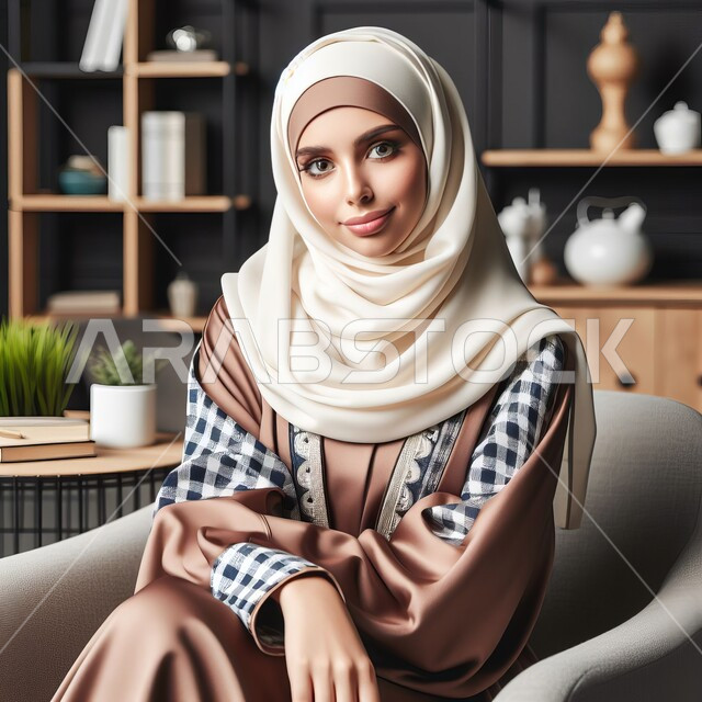 مفهوم الأنوثة والنعومة والاهتمام بالمظهر الخارجي، أزياء وحجابات عصريه حديثه, امرأة عربية خليجية سعودية محجبة جالسة تنظر إلى الكاميرا بإيماءات الثقة بالنفس، العمل في المجال المكتبي، مهن ووظائف نسائية في المملكة
