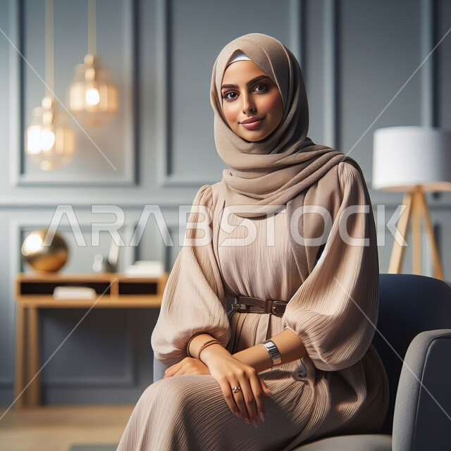 مفهوم الأنوثة والنعومة والاهتمام بالمظهر الخارجي، أزياء وحجابات عصريه حديثه, امرأة عربية خليجية سعودية محجبة جالسة تنظر إلى الكاميرا بإيماءات الثقة بالنفس، العمل في المجال المكتبي، مهن ووظائف نسائية في المملكة