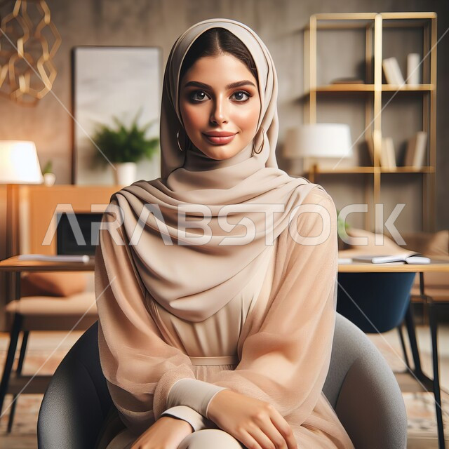 الأنوثة والنعومة والاهتمام بالمظهر الخارجي، أزياء وحجابات عصريه حديثه, امرأة عربية خليجية سعودية محجبة جالسة تنظر إلى الكاميرا بإيماءات الثقة بالنفس، العمل في المجال المكتبي، مهن ووظائف نسائية في المملكة