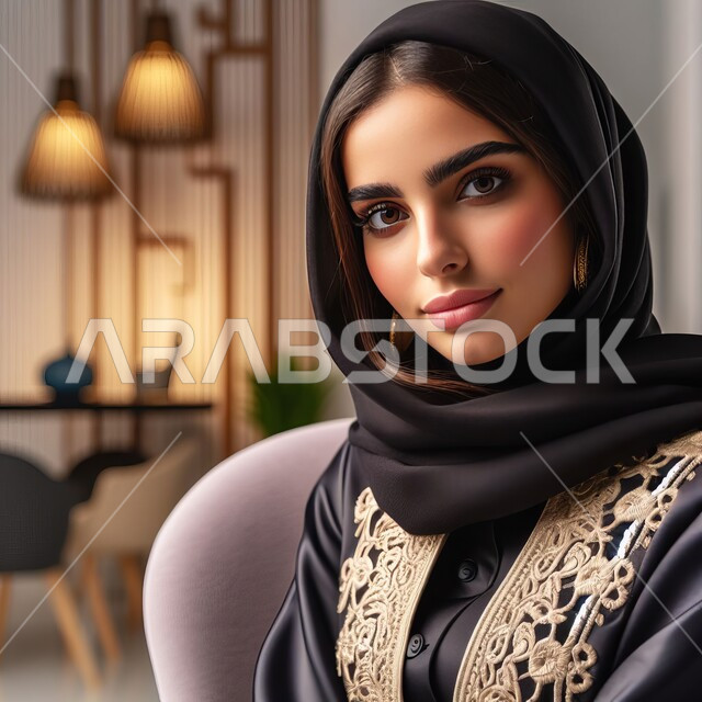 أزياء وحجابات عصريه حديثه, مفهوم الأنوثة والنعومة والاهتمام بالمظهر الخارجي، صورة مقربة لإمرأة عربية خليجية سعودية محجبة جالسة تنظر إلى الكاميرا بإيماءات الثقة بالنفس، العمل في المجال المكتبي، مهن ووظائف نسائية في المملكة
