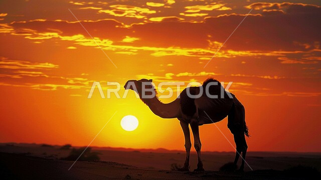 The concept of caring for livestock and mammals, a silhouette of a camel standing in the middle of the desert in Dubai at sunset, sand dunes in desert areas, interest in raising camels and camels, a natural background of an orange sky at sunset in the United Arab Emirates