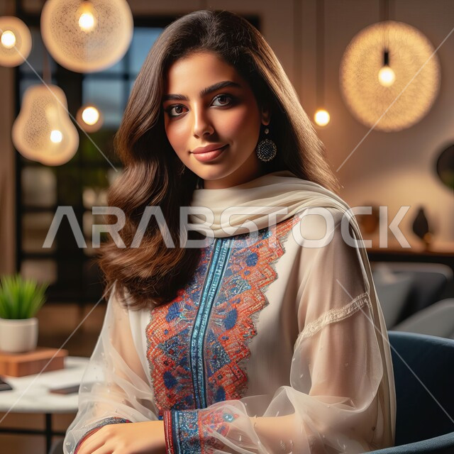Distinctive hairstyles, wearing modern fashions, the concept of femininity, softness and attention to external appearance, a Saudi Arabian Gulf woman wearing an abaya looking at the camera with gestures of self-confidence.