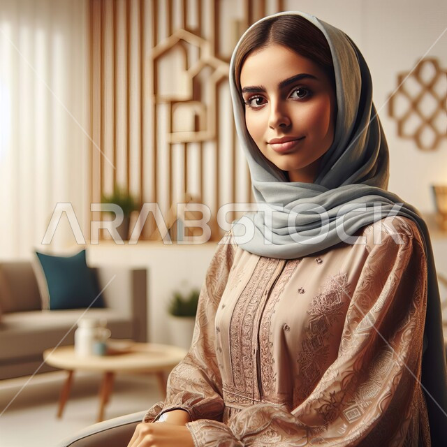 ارتداء أزياء محجبات عصريه حديثه, مفهوم الأنوثة والنعومة والاهتمام بالمظهر الخارجي، صورة مقربة لإمرأة عربية خليجية سعودية محجبة تنظر إلى الكاميرا بإيماءات الثقة بالنفس