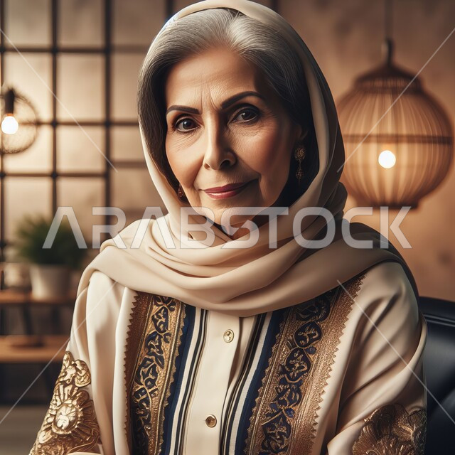 النظر إلى الكاميرا بإيماءات الثقة بالنفس، ارتداء أزياء محجبات عصريه حديثه, مفهوم الأنوثة والنعومة والاهتمام بالمظهر الخارجي، صورة مقربة لإمرأة عربية خليجية سعودية محجبة كبيرة بالسن تجلس على كرسي مريح