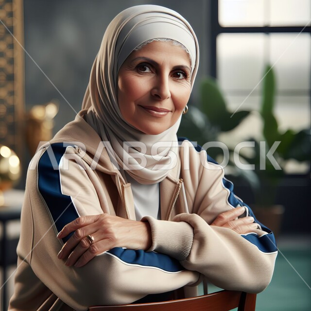 النظر إلى الكاميرا بإيماءات الثقة بالنفس، ارتداء أزياء محجبات عصريه حديثه, مفهوم الأنوثة والنعومة والاهتمام بالمظهر الخارجي، صورة مقربة لإمرأة عربية خليجية سعودية محجبة كبيرة بالسن تجلس على كرسي مريح