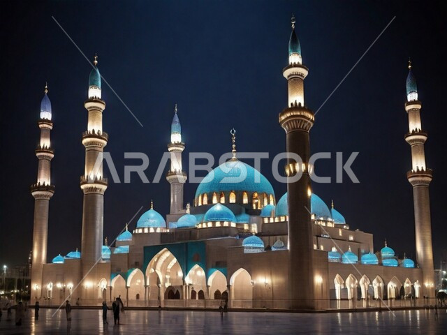 اماكن مقدسة للعبادة والتقرب الى الله، اسلاميات و عباده, مجسم ثلاثي الابعاد لمسجد مضاء بتصميم وزخارف فاخرة في الليل، زينة الاعياد والمناسبات الدينية، خلفيات اسلاميه ثري دي للاحتفال بقدوم شهر الخير