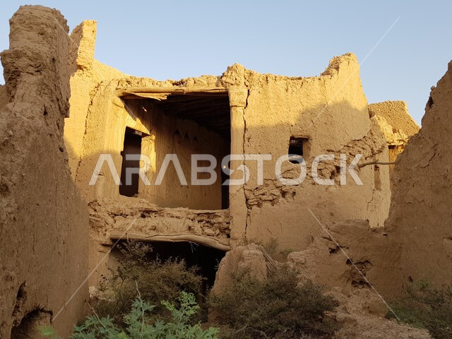 معالم ومناطق تاريخية اثرية في مدينة الرياض، نمو الأشجار الطبيعية والنباتات الخضراء في المدن السياحية في المملكة العربية السعودية، البيوت والمباني الطينية التراثية المهدمة في البلدة القديمة في النهار، فن العمارة القديم في قرية جلاجل في محافظة المجمعة