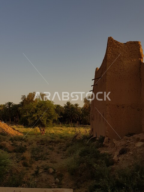 Archaeological historical areas and landmarks in the city of Riyadh, the growth of natural trees and green plants in tourist cities in the Kingdom of Saudi Arabia, demolished heritage mud houses and buildings in the old city during the day, ancient architecture in the village of Jalajel in Al Majmaah Governorate.