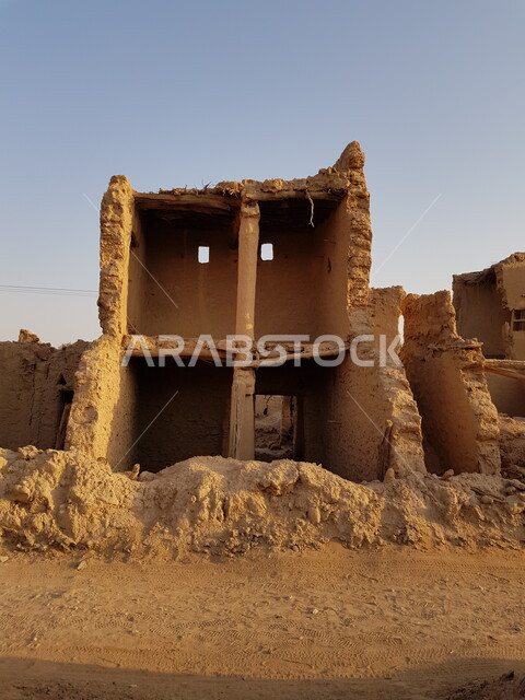 Archaeological historical areas and landmarks in the city of Riyadh, the growth of natural trees and green plants in tourist cities in the Kingdom of Saudi Arabia, demolished heritage mud houses and buildings in the old city during the day, ancient architecture in the village of Jalajel in Al Majmaah Governorate.    Old-style architectural art in the village of Jalajel in Al Majmaah Governorate, archaeological areas and landmarks in the city of Riyadh in the Kingdom of Saudi Arabia, palaces and 
