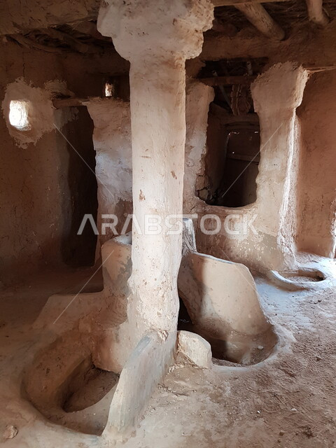 Destroyed heritage mud palaces and buildings in the Old City during the day, ancient-style architecture in the village of Jalajel in Al Majmaah Governorate, archaeological historical areas and landmarks in the city of Riyadh in the Kingdom of Saudi Arabia.