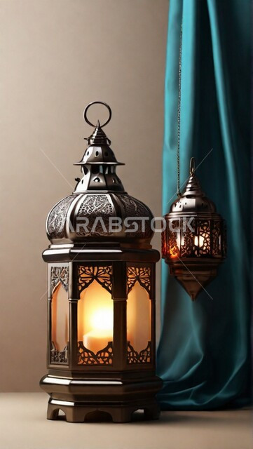 إضاءة وزينة شهر رمضان المبارك، الفن الاسلامي للتحف والاكسسوارات، فانوس عربي معدني مزخرف مضيء، ديكورات وأنوار في الأجواء الرمضانية الروحانية، فوانيس و تحف اسلامية تقليدية للاحتفال بقدوم شهر الخير