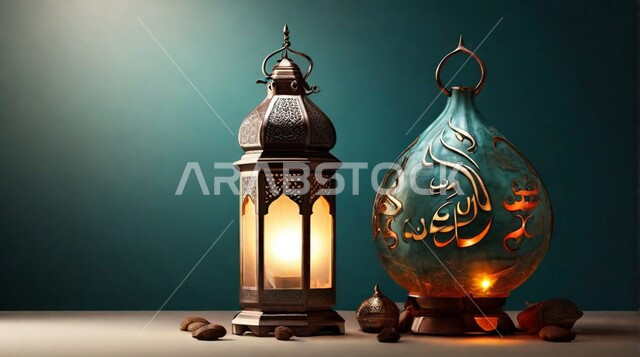 Islamic art antiques and accessories, illuminated decorative metal Arabic lantern, lighting and decorations for the holy month of Ramadan, decorations and lights in the spiritual Ramadan atmosphere, traditional Islamic lanterns and antiques to celebrate the coming of the month of goodness, black background