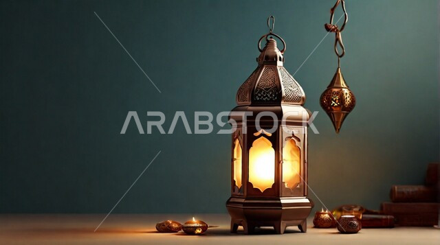 Islamic art antiques and accessories, illuminated decorative metal Arabic lantern, lighting and decorations for the holy month of Ramadan, decorations and lights in the spiritual Ramadan atmosphere, traditional Islamic lanterns and antiques to celebrate the coming of the month of goodness, black background