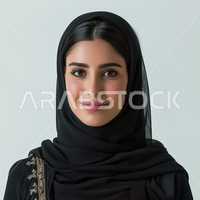 مفهوم النعومة و الأنوثة، الاهتمام بالأناقة والمظهر الخارجي، بورتريه مقرب لامرأة عربيه خليجيه سعودية مبتسمة ترتدي الحجاب والعباءة تنظر إلى الكاميرا بإيماءات الثقه بالنفس، أزياء محجبات عصرية حديثة، التقاط صور شخصية للوثائق الرسمية، خلفية بيضاء