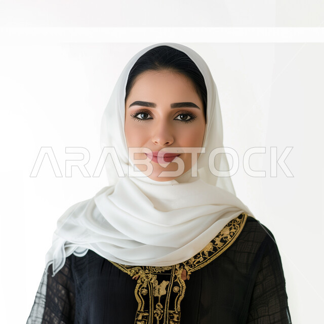 Taking personal photos for official documents, attention to elegance and external appearance, the concept of softness and femininity, a close-up portrait of a veiled Saudi Arabian Gulf woman, smiling, wearing the hijab and abaya, looking at the camera with gestures of self-confidence, modern modern veiled fashion, white background.