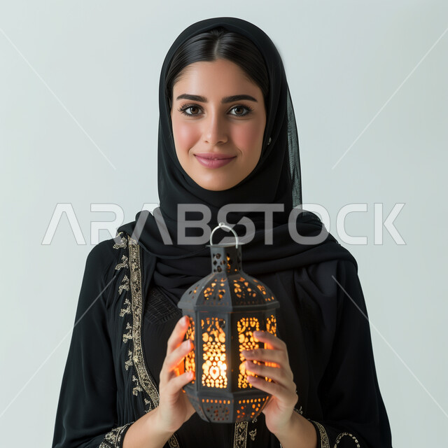 Preparing to welcome the holy month of Ramadan, preparing and preparing decorations for Islamic holidays and occasions, a close-up portrait of a smiling Saudi Arabian Gulf woman wearing the hijab and black abaya, holding a metal lantern in her hand, with an expression of pleasure, modern veiled fashion, white background.