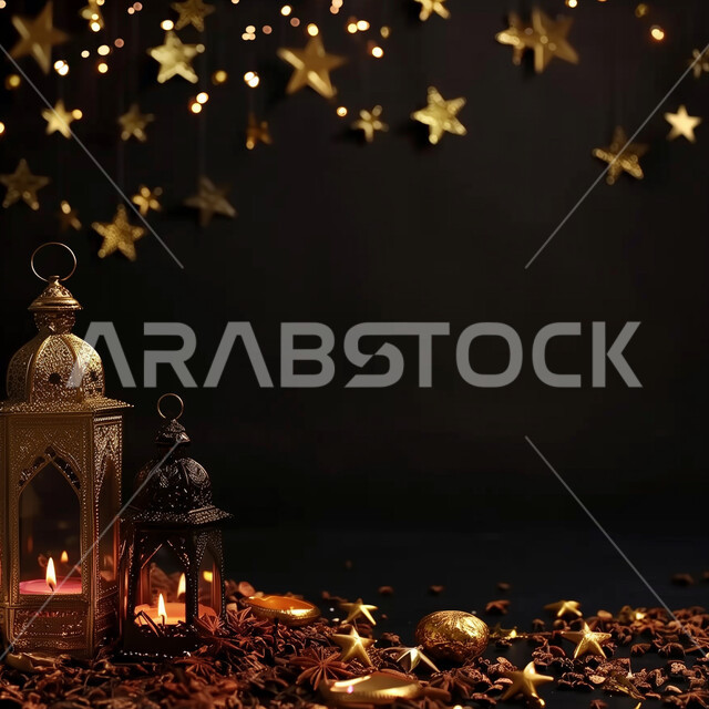 إضاءة وزينة شهر رمضان المبارك، الفن الاسلامي للتحف والاكسسوارات، فانوس عربي معدني مزخرف مضيء، ديكورات وأنوار في الأجواء الرمضانية الروحانية، فوانيس و تحف اسلامية تقليدية للاحتفال بقدوم شهر الخير، خلفية جدار مزين بالنجوم الذهبية