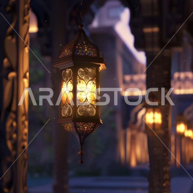 فوانيس و تحف اسلامية تقليدية للاحتفال بقدوم شهر الخير، إضاءة وزينة شهر رمضان المبارك، الفن الاسلامي للتحف والاكسسوارات، فانوس عربي معدني مزخرف مضيء، ديكورات وأنوار في الأجواء الرمضانية الروحانية