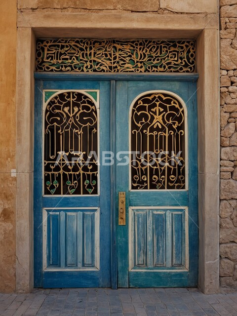 القرى والمدن التاريخية، التصميم المعماري العربي القديم للأبواب الخشبية الأثرية القديمة المزينة بالنقوش والزخارف على الطراز الإسلامي، باب خشبي مزخرف باللون الأزرق لمنزل طيني، أماكن تراثية في المملكة العربية السعودية
