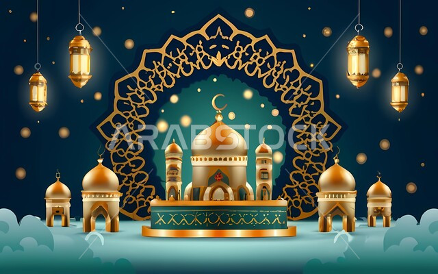 Hanging metal lanterns, preparing to receive the holy days, three-dimensional designs and models of a mosque on a circular base, antiques, accessories and decorations for the month of goodness, the concept of Islamic celebrations and events, the spiritual Ramadan atmosphere, Ramadan backgrounds