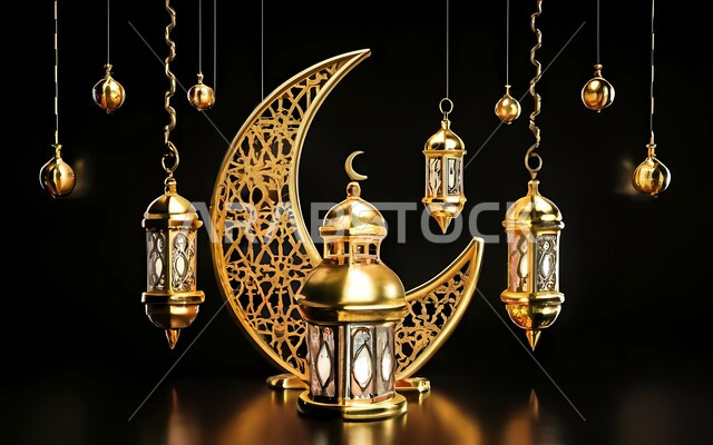 Crescent, lanterns and traditional Islamic antiques to celebrate the coming of the month of goodness, Islamic art antiques and accessories, illuminated ornate metal Arabic lantern, lighting and decorations for the holy month of Ramadan, decorations and lights in the spiritual Ramadan atmosphere, black background