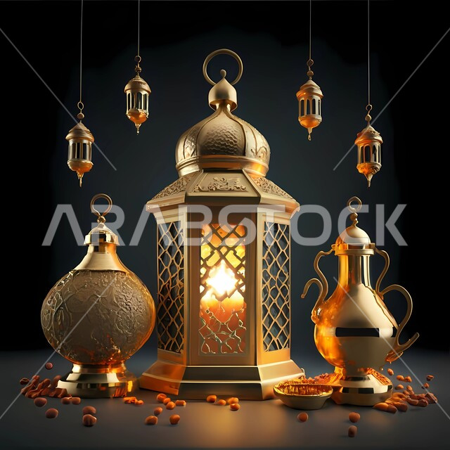 Decorations and lights in the spiritual Ramadan atmosphere, traditional Islamic lanterns and antiques to celebrate the coming of the month of goodness, Islamic art antiques and accessories, illuminated decorative metal Arabic lantern, lighting and decorations for the holy month of Ramadan, black background
