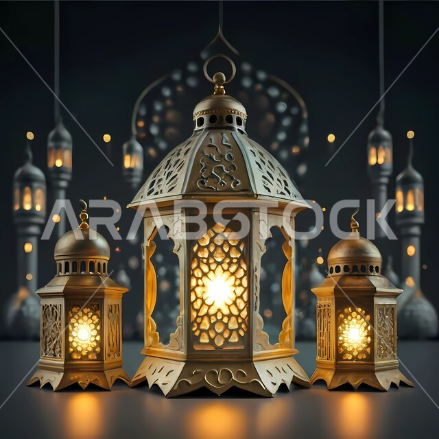 Lighting and decorations for the holy month of Ramadan, decorations and lights in the spiritual Ramadan atmosphere, lanterns and traditional Islamic antiques to celebrate the coming of the month of goodness, Islamic art antiques and accessories, illuminated decorative metal Arabic lantern, black background