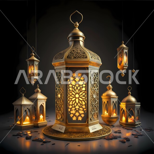 Islamic art antiques and accessories, illuminated decorative metal Arabic lantern, lighting and decorations for the holy month of Ramadan, decorations and lights in the spiritual Ramadan atmosphere, traditional Islamic lanterns and antiques to celebrate the coming of the month of goodness, black background