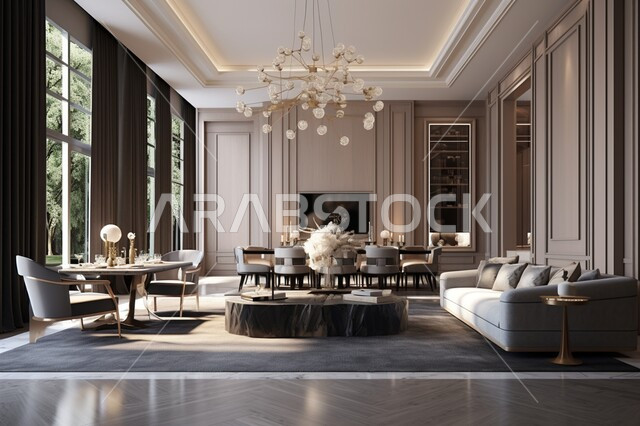 تحف و إكسسوارات وأثاث منزلي راقي، تصاميم عصرية فاخرة، شقق وفلل سكنية في السعودية، ديكورات داخليه أنيقة، غرفة جلوس مع أريكة ووسائد بيضاء اللون وواجهات زجاجية مطلة على المناظر الطبيعية, غرف معيشه بتصاميم عصرية حديثه