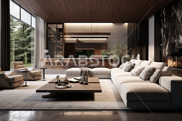 غرفة جلوس مع أريكة ووسائد بيضاء اللون وواجهات زجاجية مطلة على المناظر الطبيعية, غرف معيشه بتصاميم عصرية حديثه، تحف و إكسسوارات وأثاث منزلي راقي، تصاميم عصرية فاخرة، شقق وفلل سكنية في السعودية، ديكورات داخليه أنيقة