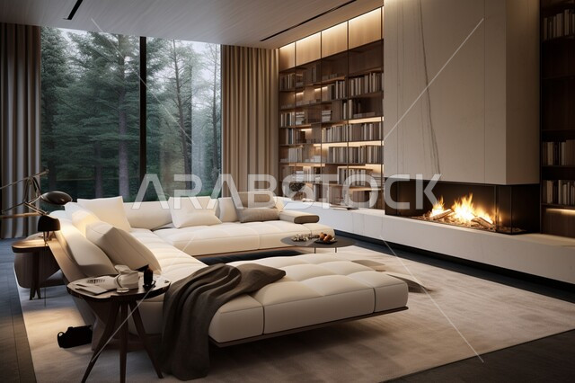 ديكورات داخليه أنيقة، غرفة جلوس مع أريكة ووسائد بيضاء اللون وواجهات زجاجية مطلة على المناظر الطبيعية, غرف معيشه بتصاميم عصرية حديثه، تحف و إكسسوارات وأثاث منزلي راقي، تصاميم عصرية فاخرة، شقق وفلل سكنية في السعودية