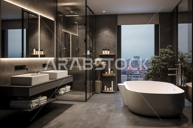 الحمام الداخلي الحديث مع واجهه زجاجية مطلة على الطبيعه الخضراء, دورة مياه رخاميه فاخرة في أحد المباني السكنيه، الفن الهندسي المعماري للفلل والمنازل الراقية، ديكورات وتصاميم داخلية للحمامات وأحواض الاستحمام في الشقق السياحية