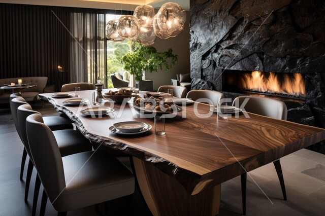 طاولة خشبية وكراسي لسفرة الطعام داخل المنزل، غرفة طعام بتصاميم عصرية حديثه، واجهه زجاجية مطلة على الحديقة الخارجية، التصاميم والديكورات الداخلية للفلل والشقق السكنية الفاخرة في السعودية