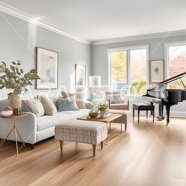 A living room with luxurious and modern designs, a white sofa and a piano, elegant home furniture in white, the art of interior design and decoration, comfortable chairs and sitting areas, antiques and accessories with green ornamental plants, upscale residential apartments and villas.