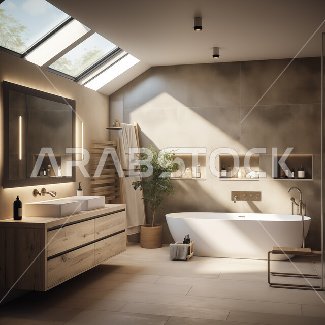A luxurious bathroom in a hotel, interior designs and decorations for bathrooms, a marble bathroom in a residential building, modern architectural design, illuminated glass facades, the concept of luxury villas and apartments