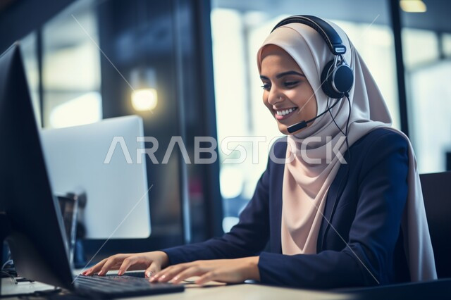 مهن ووظائف نسائية, متابعة وتطوير الأعمال، الإجابة على استفسارات العملاء, صورة مقربة لموظفة عربية خليجية سعودية مبتسمة ترتدي الحجاب تضع سماعات الرأس (الهيدفون), العمل في المجال المكتبي, عقد اجتماع عمل عبر الانترنت
