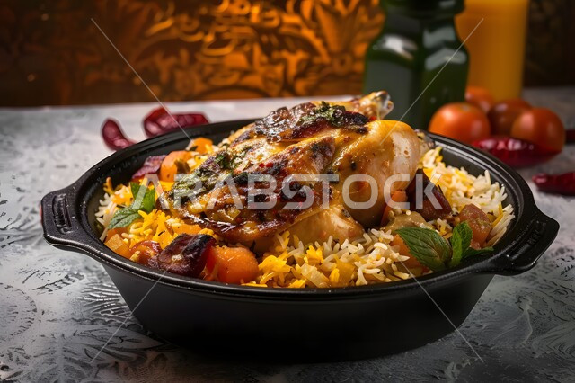 طبق من أرز الكبسة مع الدجاج المحمر والتوابل المزين بالبقدونس والخضار على الطاولة، وصفات طعام المطبخ السعودي, مطاعم للمأكولات الشرقية الشهية، أطباق ووجبات عربية تقليدية شعبية