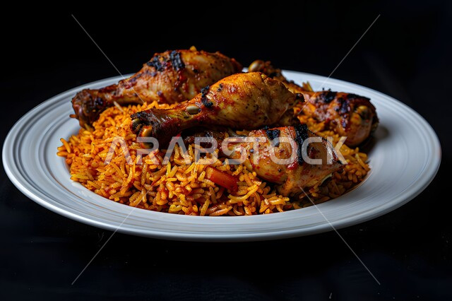 Popular traditional Arabic dishes and meals, a plate of kabsa rice with fried chicken and spices decorated with parsley and vegetables on the table, Saudi cuisine food recipes, restaurants for delicious oriental food
