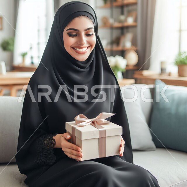النظر إلى الكاميرا بإيماءات السعادة والسرور، صورة مقربة لإمرأة عربية خليجية سعودية مبتسمة ترتدي الحجاب تجلس في غرفة المعيشة تحمل بيدها علبة مغلفة، تعابير الفرح بالحصول على الهدية، تقديم الهدايا في الأعياد والمناسبات السعيدة