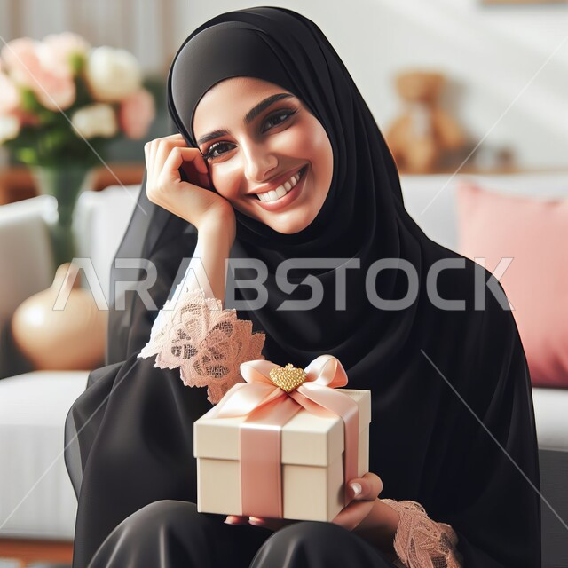 تقديم الهدايا في الأعياد والمناسبات السعيدة، النظر إلى الكاميرا بإيماءات السعادة والسرور، صورة مقربة لإمرأة عربية خليجية سعودية مبتسمة ترتدي الحجاب تجلس في غرفة المعيشة تحمل بيدها علبة مغلفة، تعابير الفرح بالحصول على الهدية