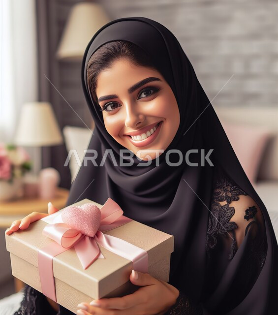 Giving gifts on holidays and happy occasions, looking at the camera with gestures of happiness and pleasure, a close-up photo of a smiling Saudi Gulf Arab woman wearing the hijab sitting in the living room holding a wrapped box in her hand, expressions of joy at receiving the gift
