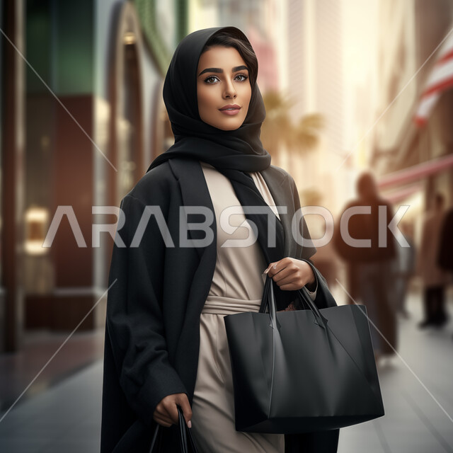Attention to elegance and external appearance, the concept of softness and femininity, a smiling Saudi Arabian Gulf woman wearing the hijab and abaya, holding a women’s bag in her hand, looking with gestures of self-confidence, modern modern veiled fashion