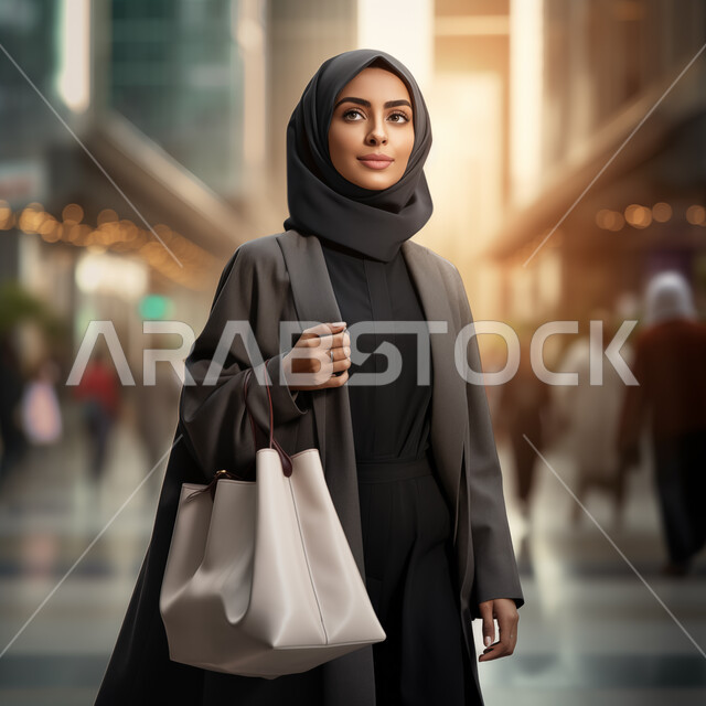 الاهتمام بالأناقة والمظهر الخارجي، مفهوم النعومة و الأنوثة، امرأة عربيه خليجيه سعودية مبتسمة ترتدي الحجاب والعباءة تحمل بيدها حقيبة نسائية، النظر بإيماءات الثقه بالنفس، أزياء محجبات عصرية حديثة